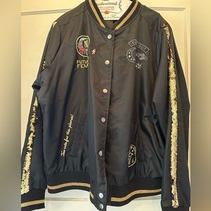 Sequined and patch embellished black bomber jacket